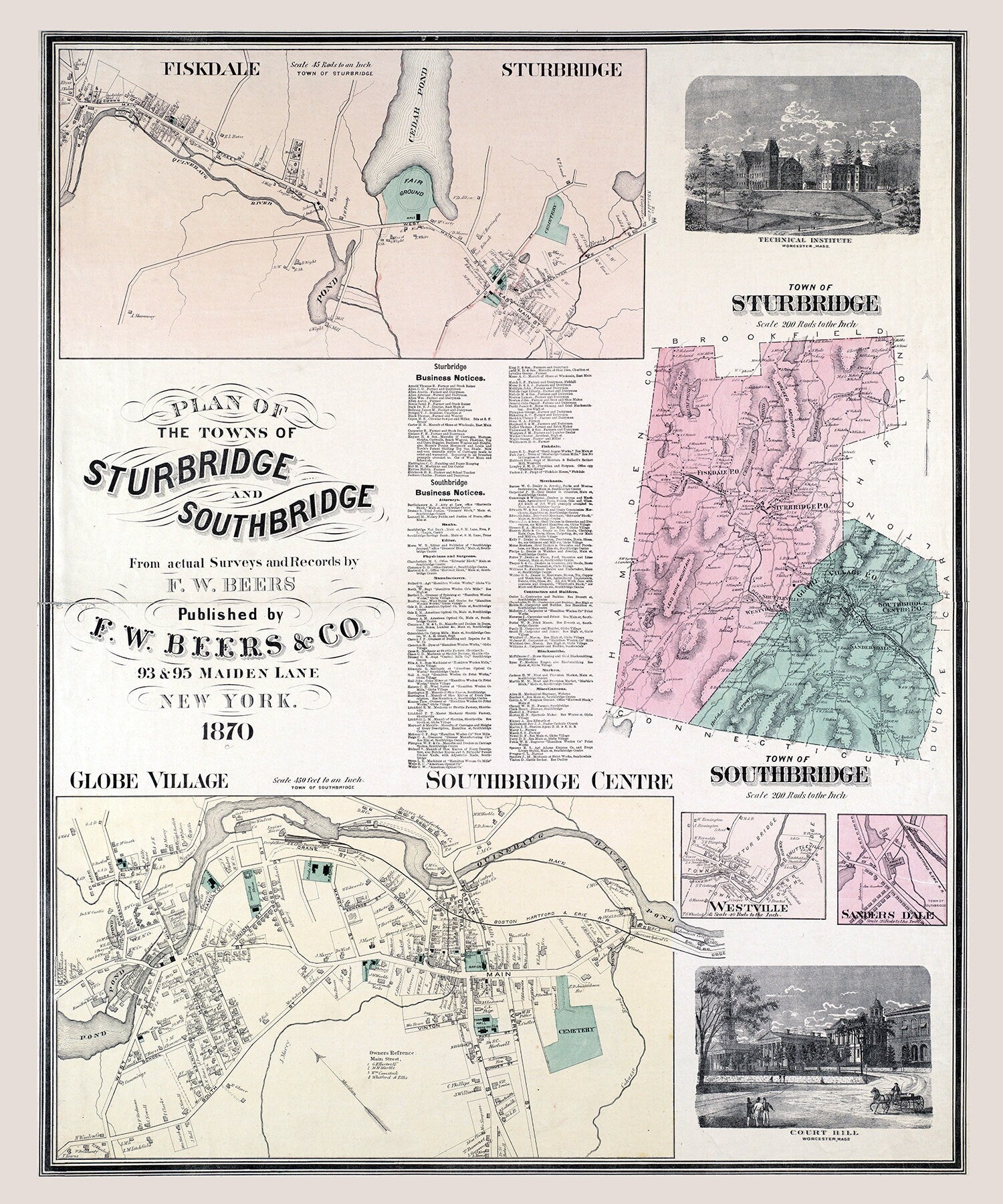 1870 Town Map of Sturbridge and Southbridge Massachusetts