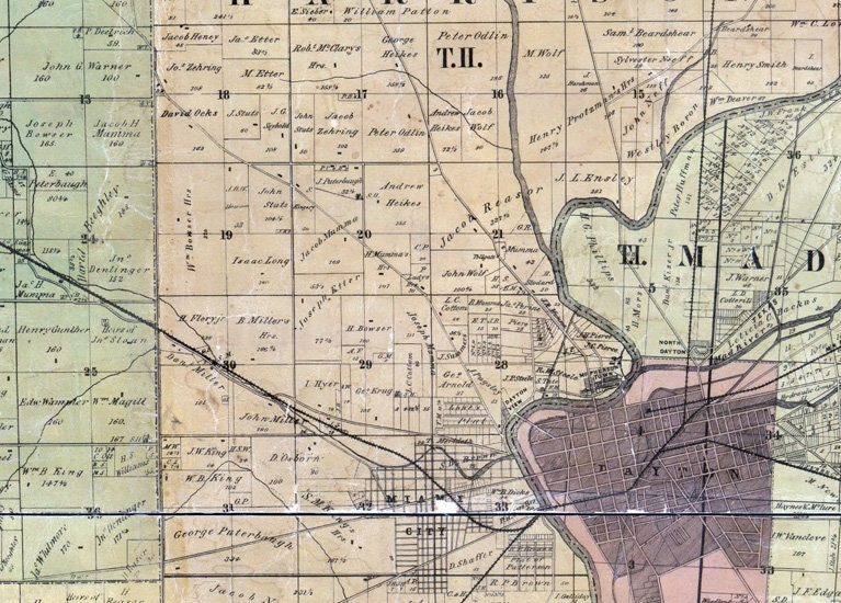 1857 Farm Line Map of Montgomery County Ohio Dayton