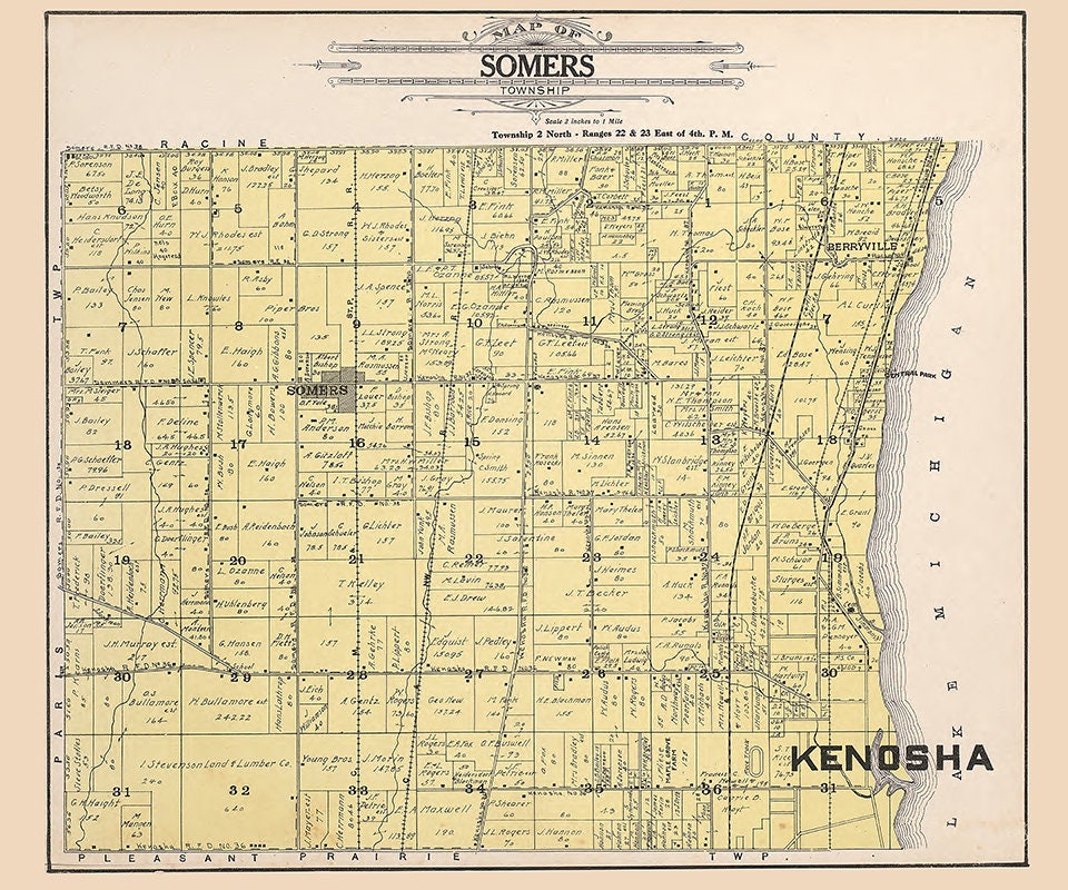 1908 Map of Somers Township Kenosha County Wisconsin