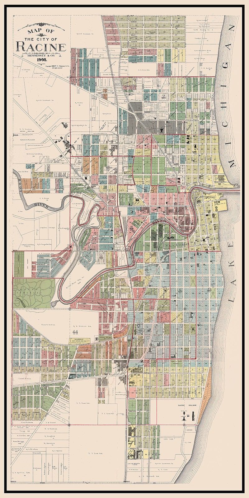 1908 Town Map of Racine Racine County Wisconsin