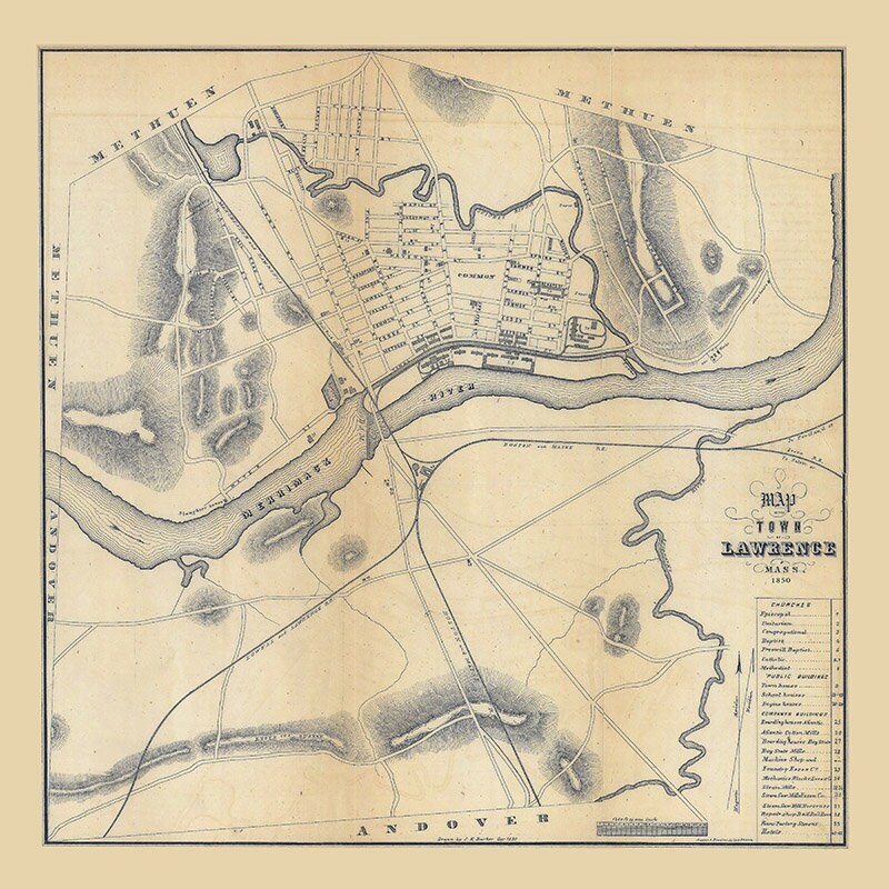 1850 Town Map of Lawrence Essex County Massachusetts