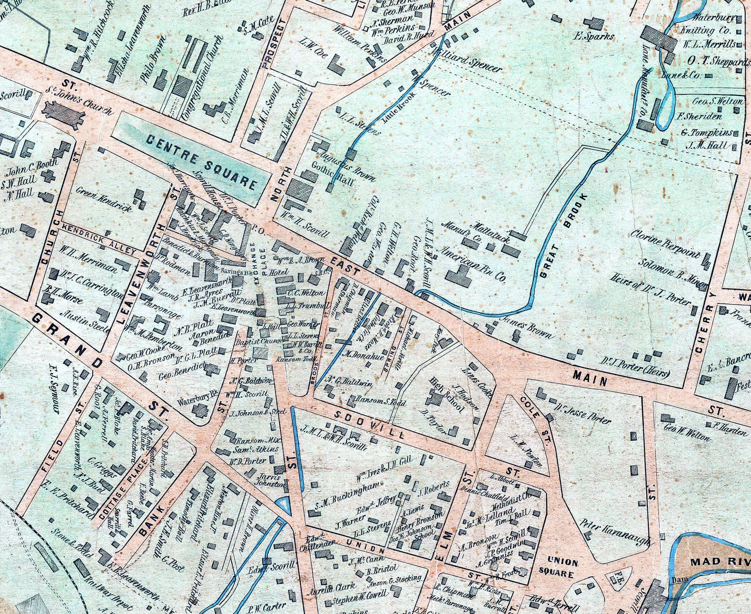 1852 Town Map of Waterbury New Haven County Connecticut