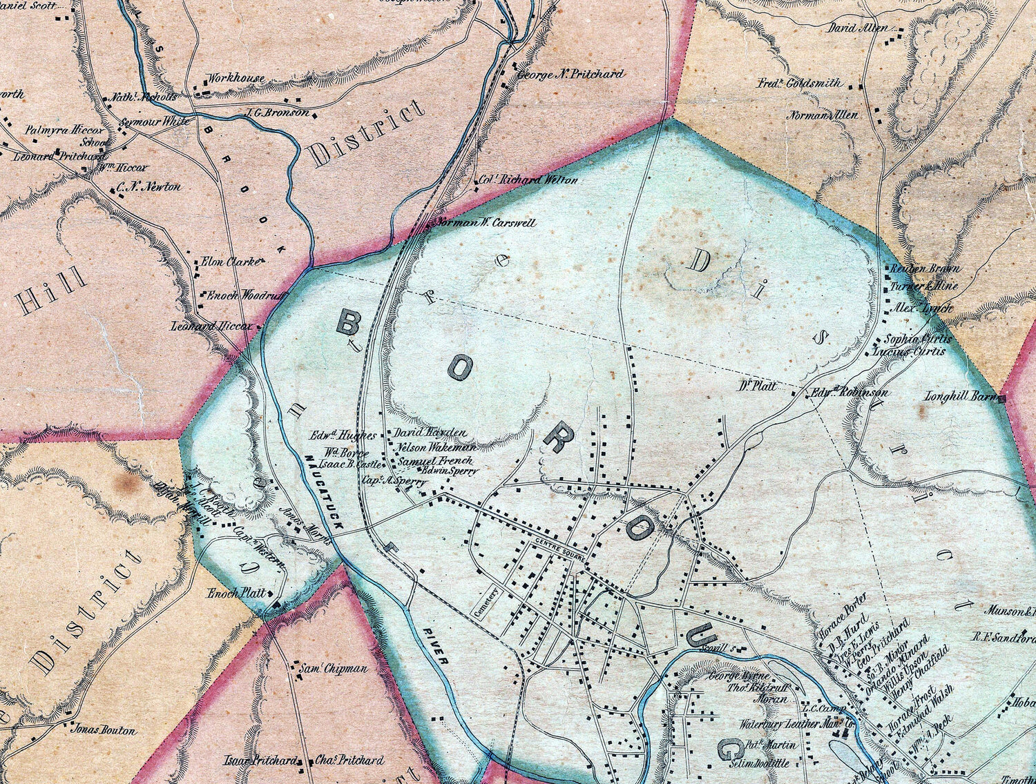 1852 Town Map of Waterbury New Haven County Connecticut