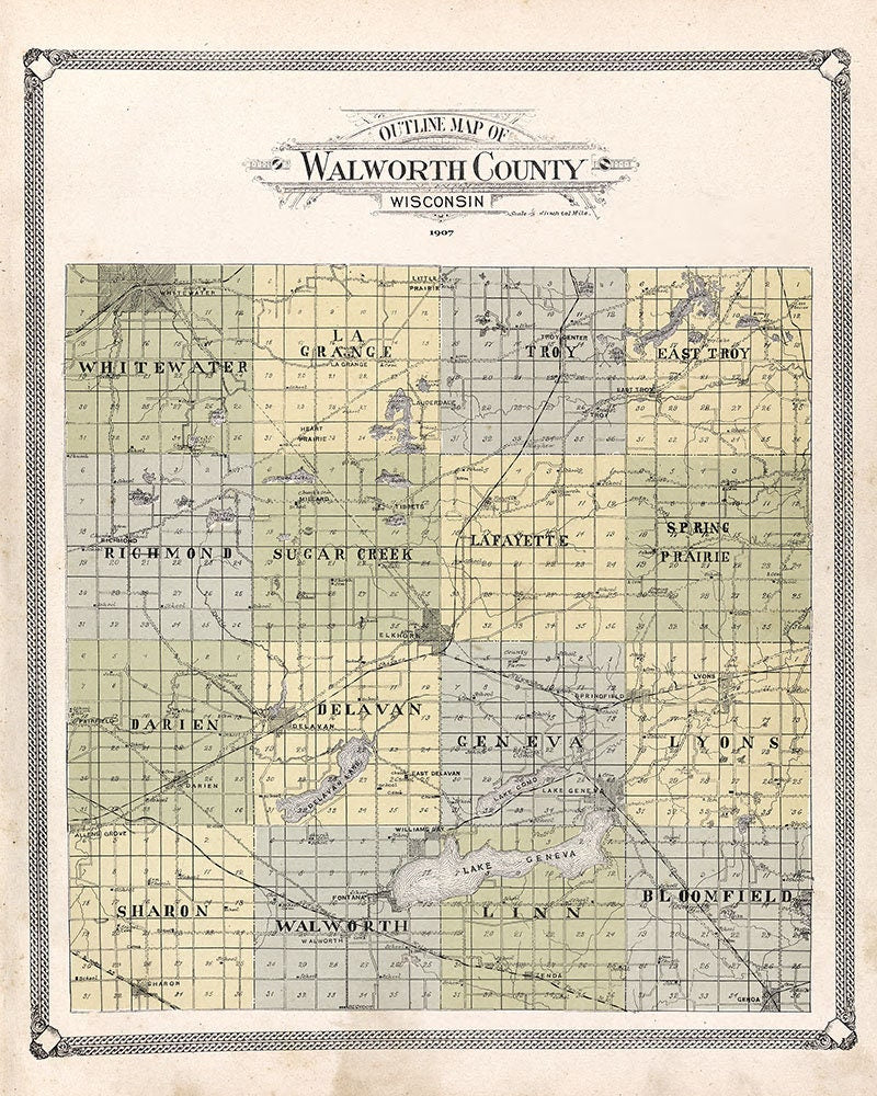 1907 Map of Walworth County Wisconsin
