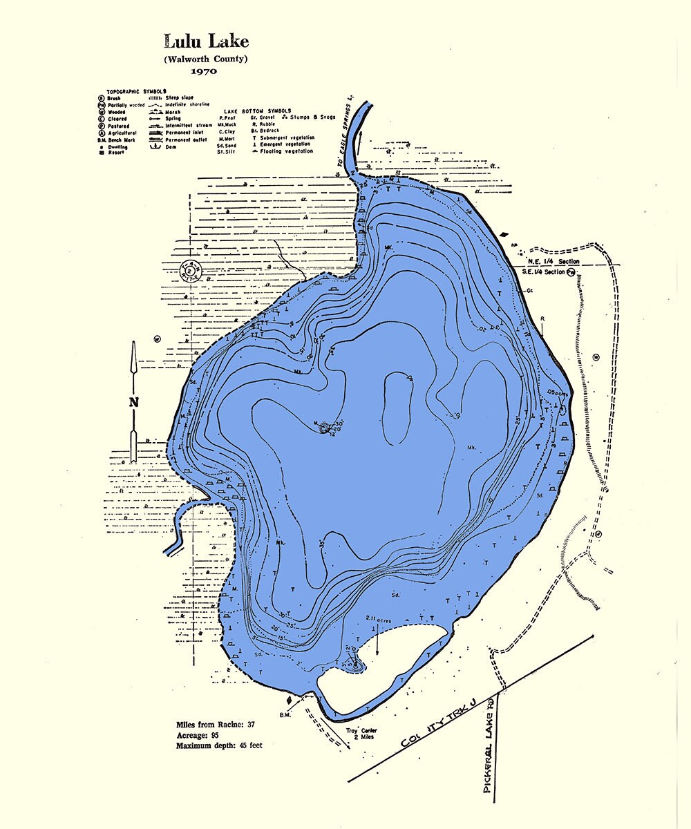 1970 Map of LuLu Lake Walworth County Wisconsin