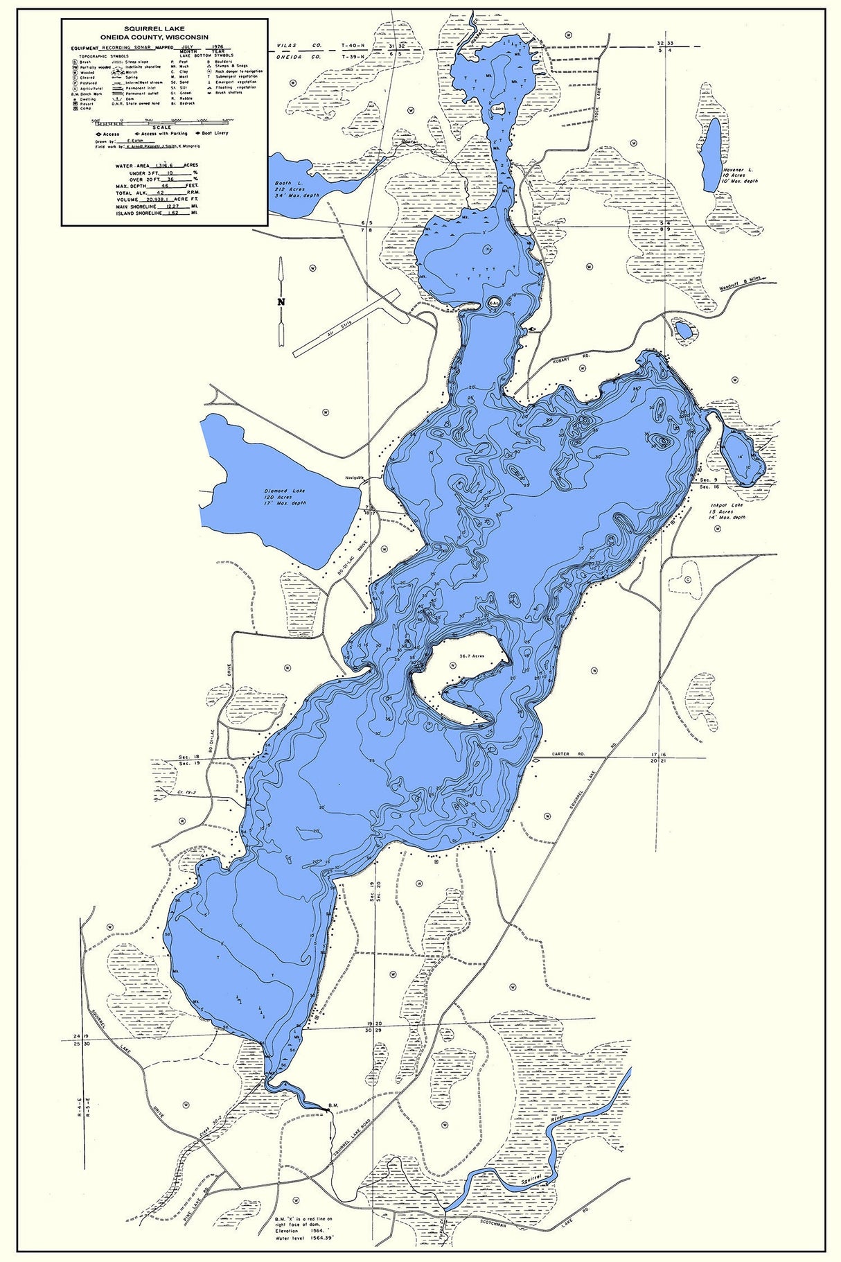 1976 Map of Squirrel Lake Oneida County Wisconsin