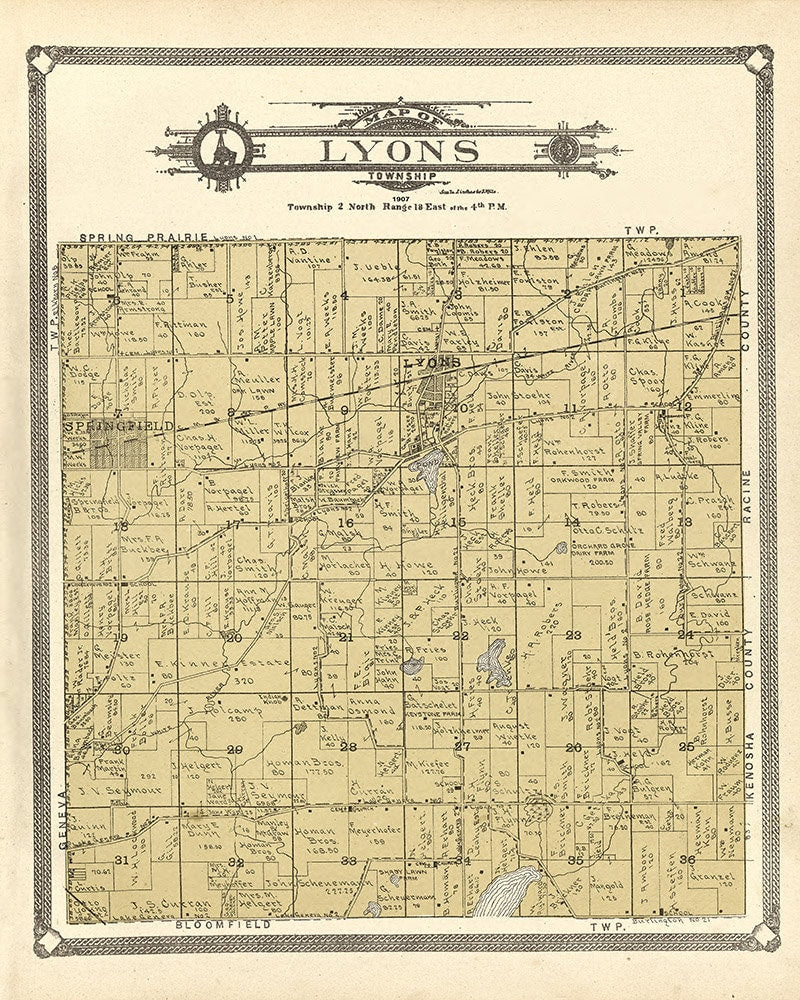 1907 Map of Lyons Township Walworth County Wisconsin