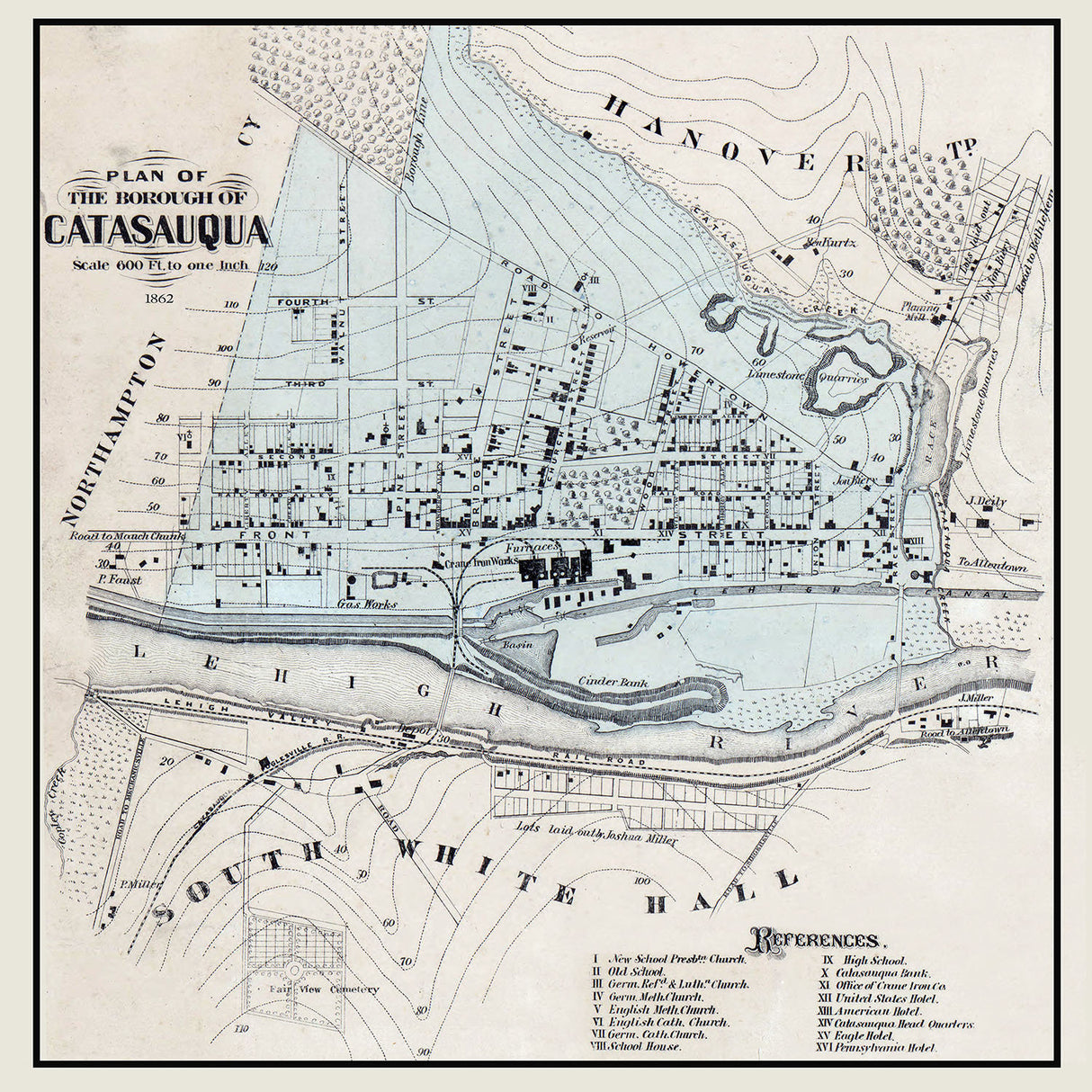 1862 Town Map of Catasauqua Lehigh County Pennsylvania
