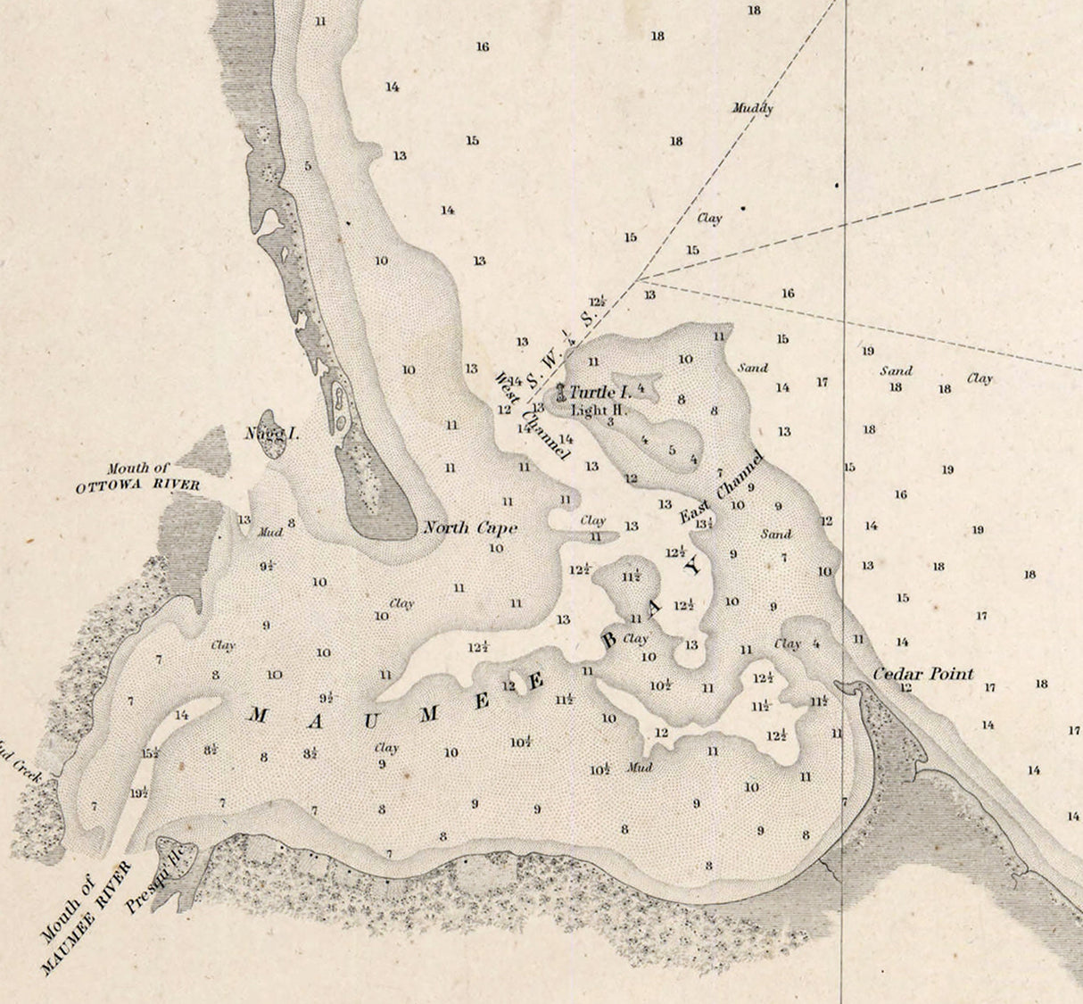 1852 Nautical Chart Map of West End Lake Erie and Detroit River
