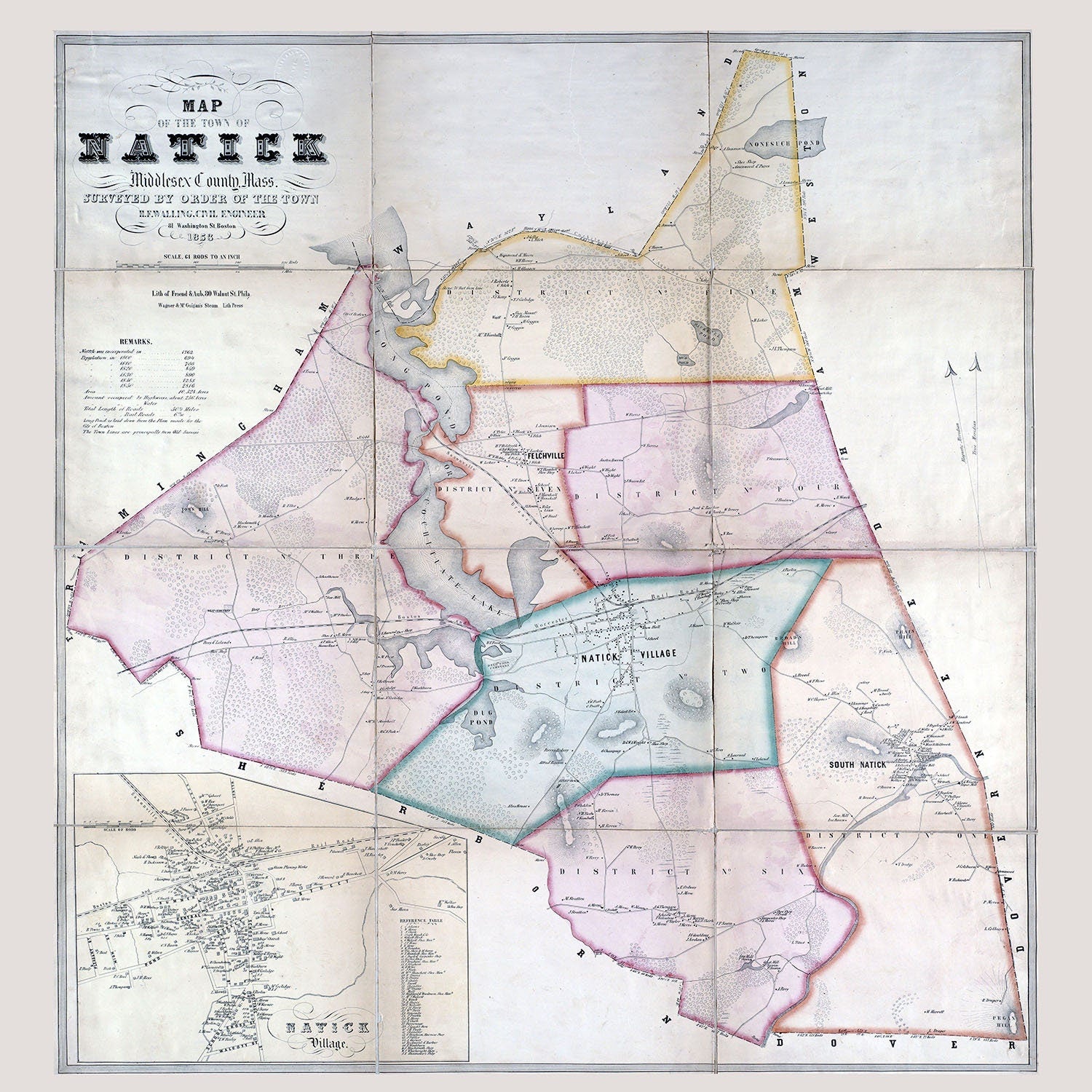 1853 Town Map of Natick Middlesex County Massachusetts