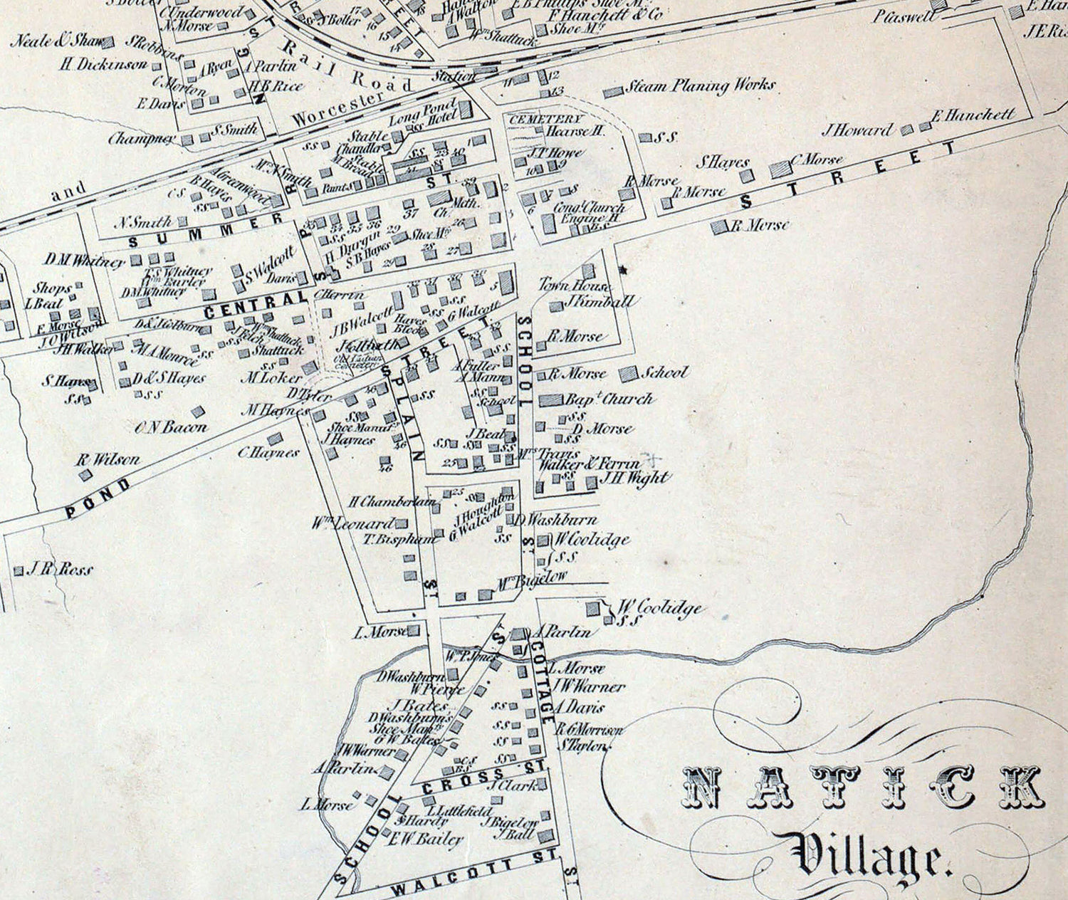 1853 Town Map of Natick Middlesex County Massachusetts