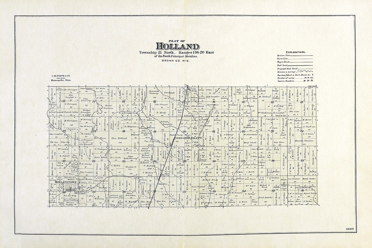 1889 Map of Holland Township Brown County Wisconsin