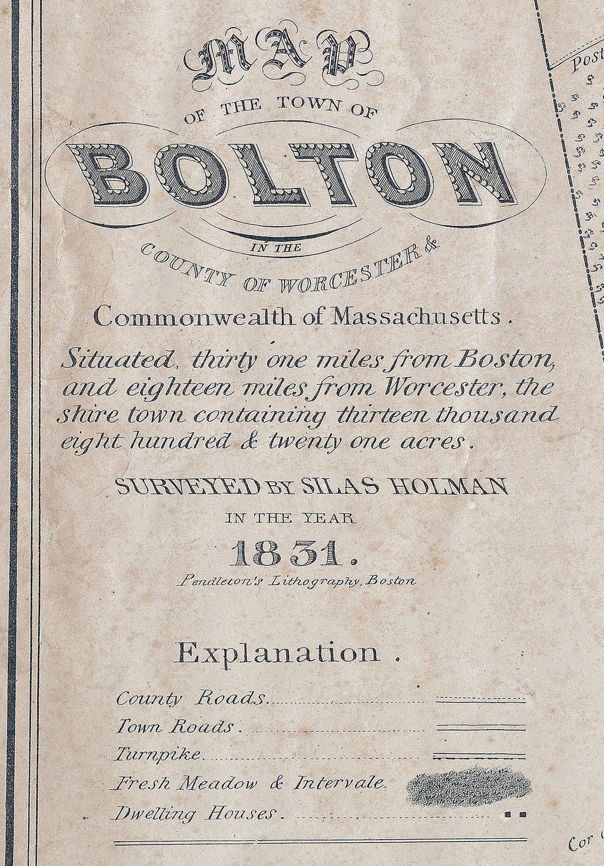1831 Town Map of Bolton Worcester County Massachusetts