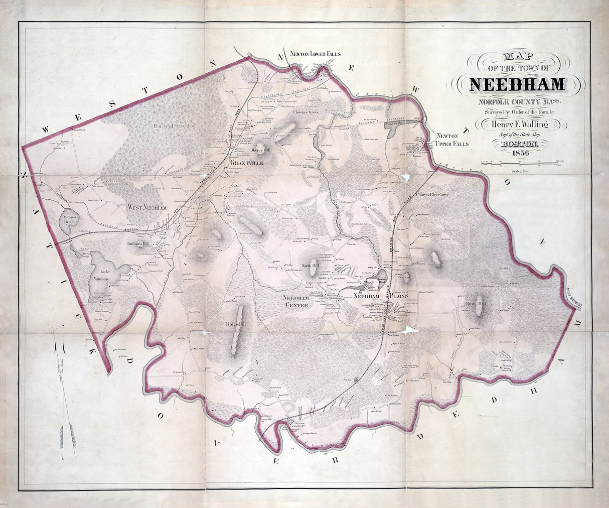1856 Town Map of Needham Norfolk County Massachusetts