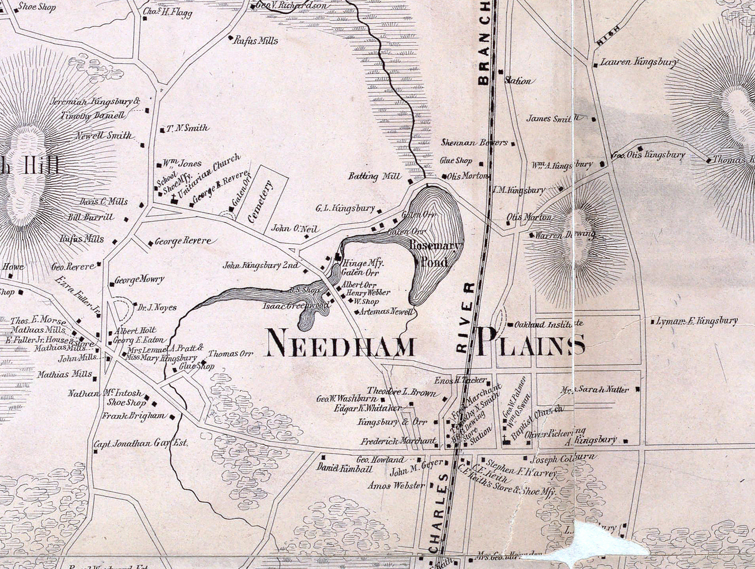 1856 Town Map of Needham Norfolk County Massachusetts
