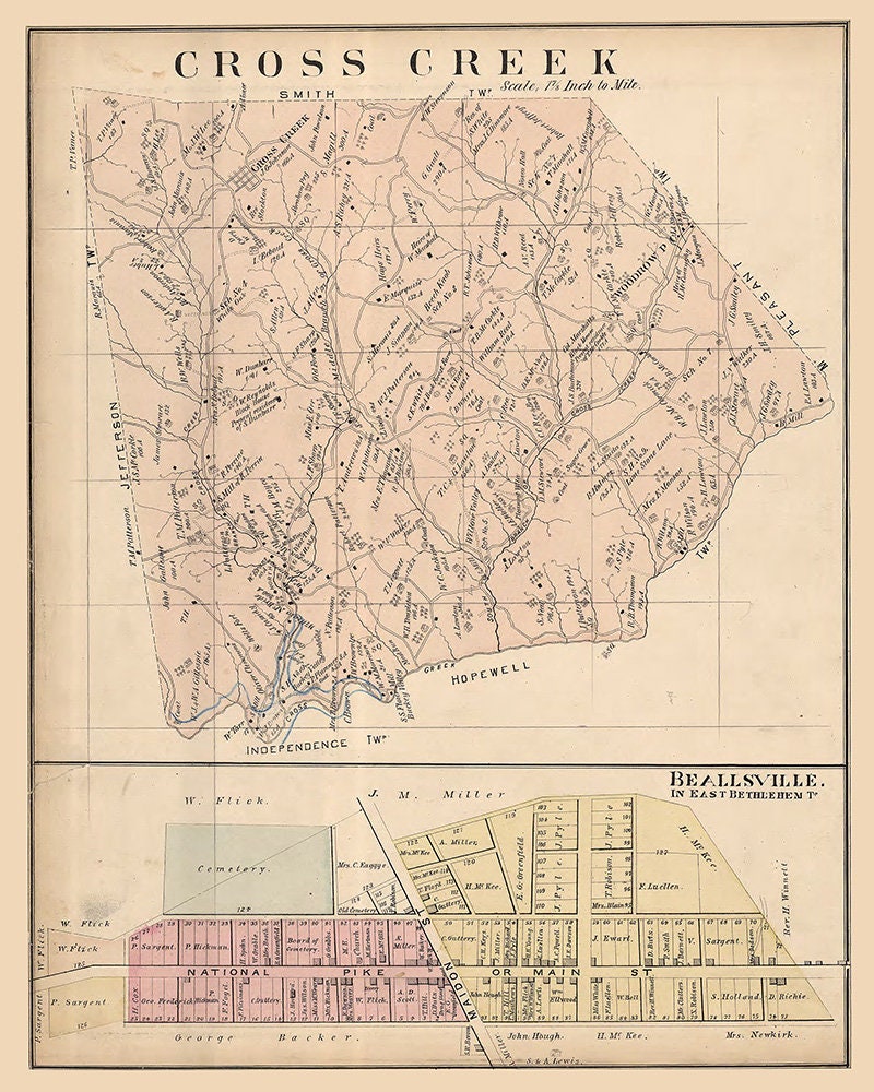 1876 Map of Cross Creek Township Washington County Pa Beallsville