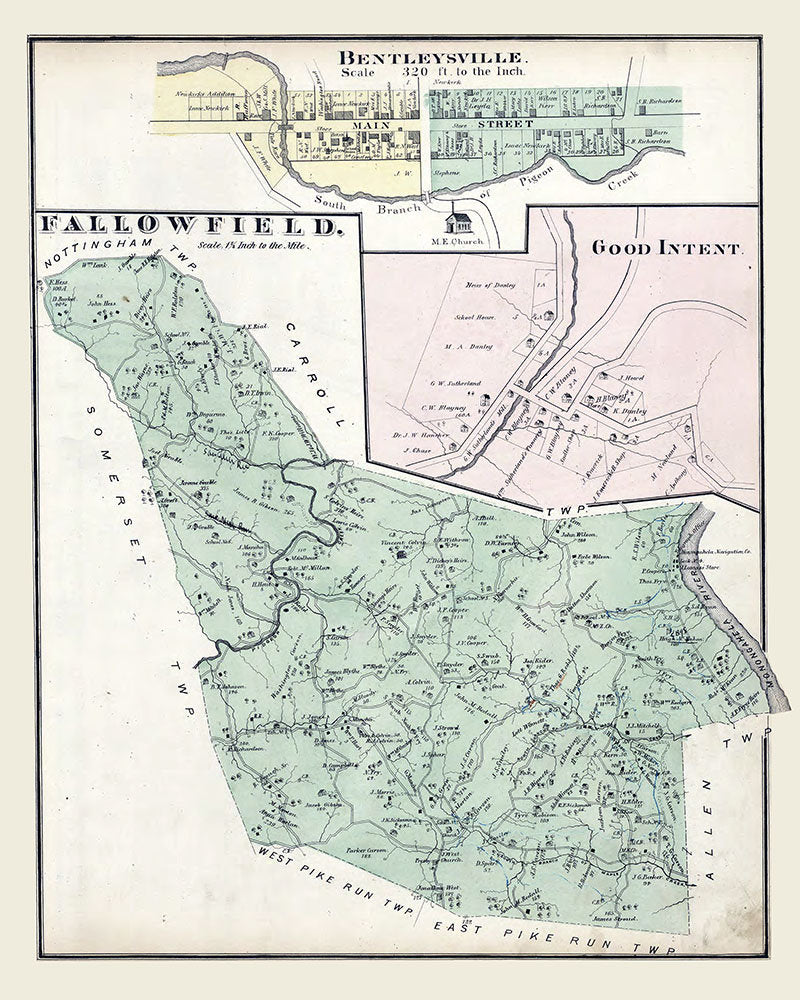 1876 Map of Fallowfield Township Washington County Pa Bentleysville