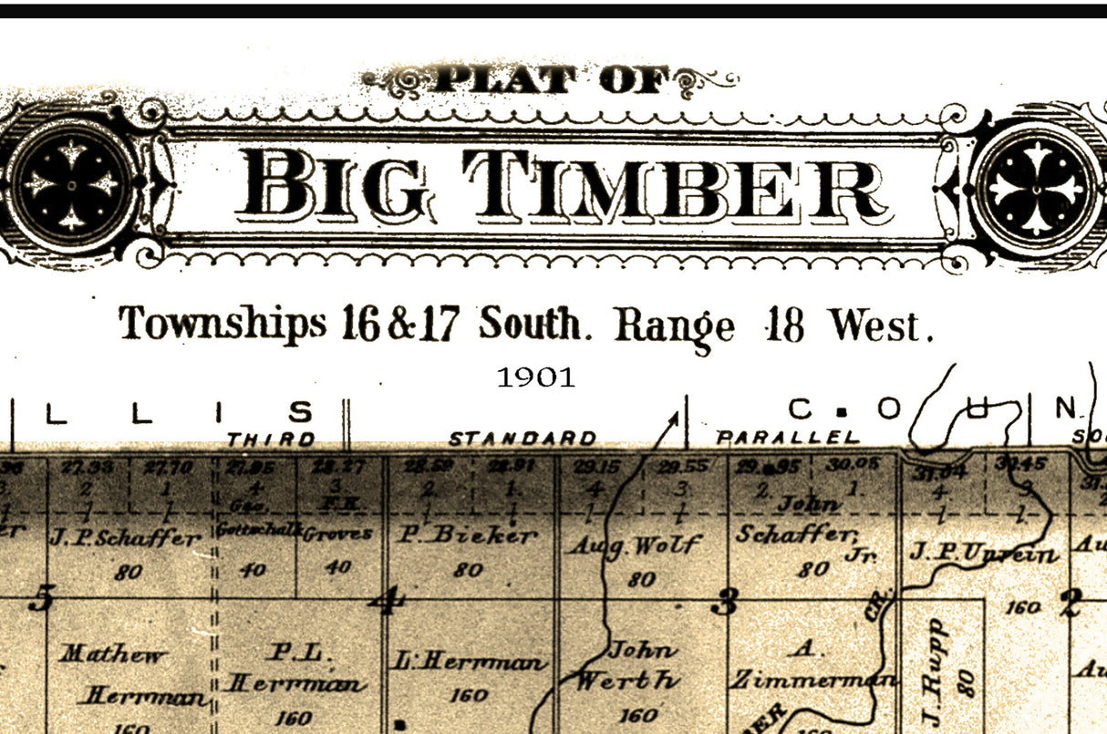 1901 Map of Big Timber Township Rush County Kansas Lienenthal