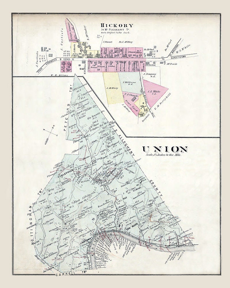 1876 Map of Union Township Washington County Pa Hickory
