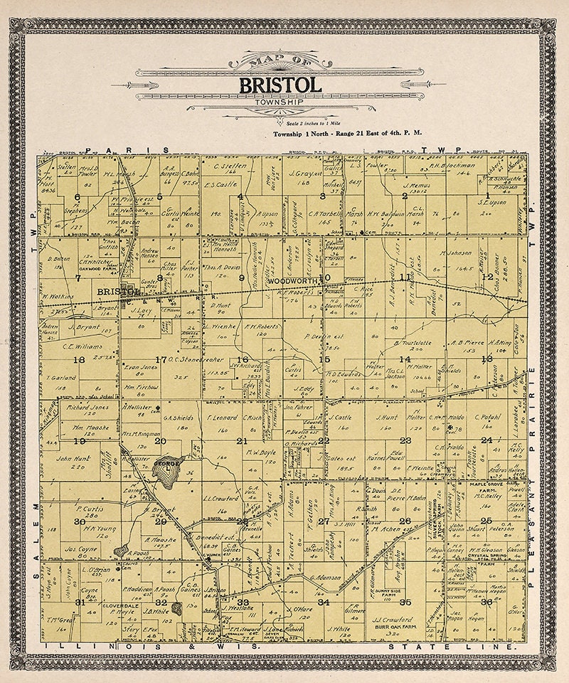 1908 Map of Bristol Township Kenosha County Wisconsin