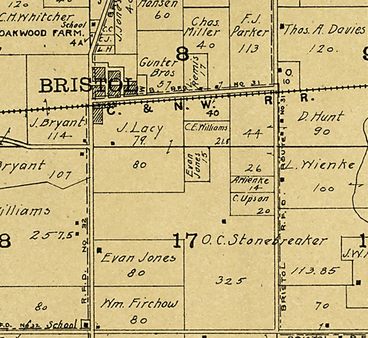 1908 Map of Bristol Township Kenosha County Wisconsin