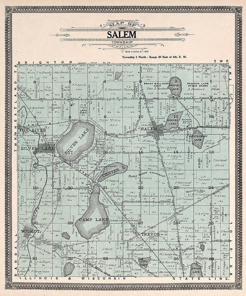 1908 Map of Salem Township Kenosha County Wisconsin