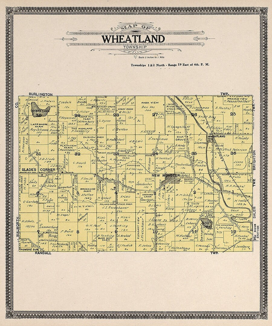 1908 Map of Wheatland Township Kenosha County Wisconsin