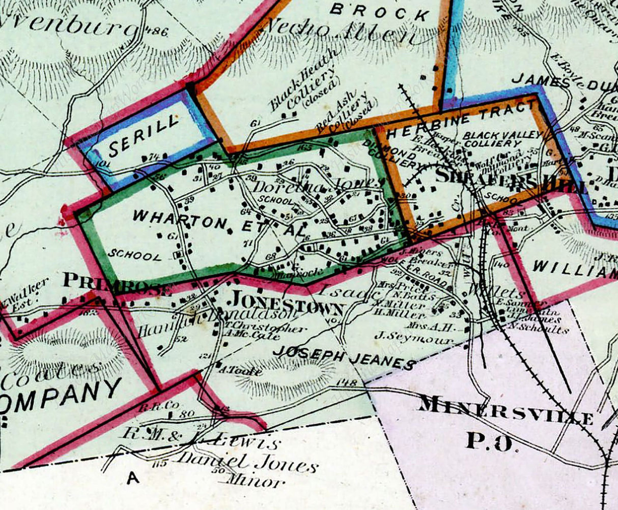 1875 Map of Cass Township Schuylkill County Pennsylvania Thomaston Woodside