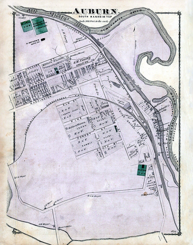 1875 Town Map of Auburn Schuylkill County Pennsylvania