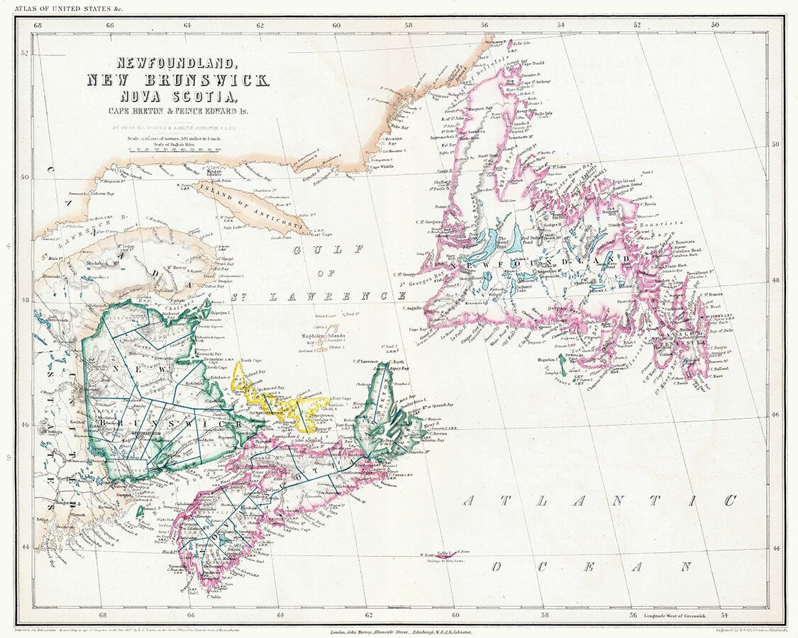 1857 Map of Newfoundland New Brunswick Nova Scotia Cape Breton Island and Prince Edward Island