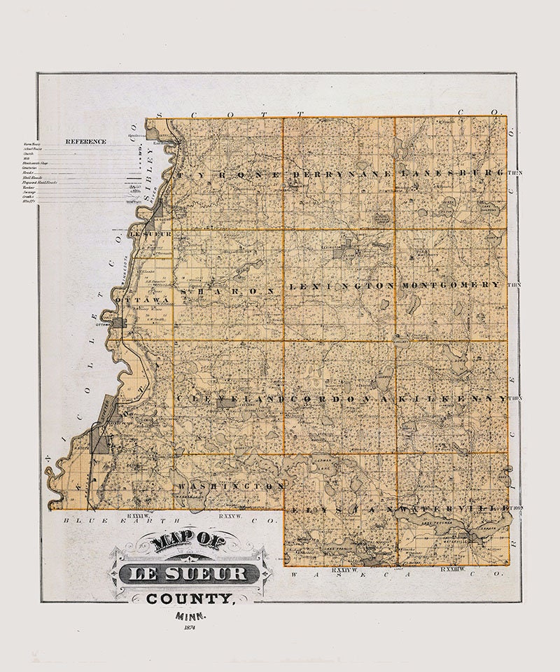 1874 Map of Le Sueur County Minnesota