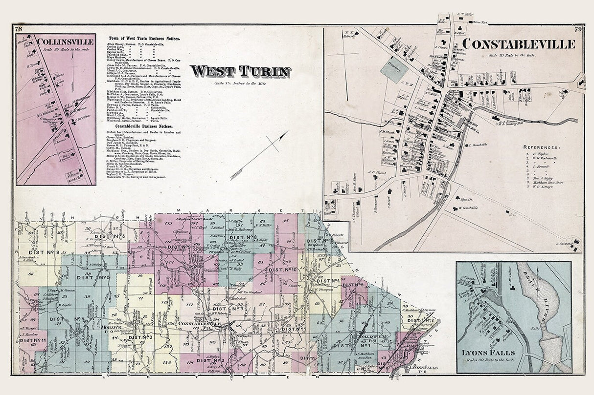 1875 Map of West Turin Township Lewis County New York
