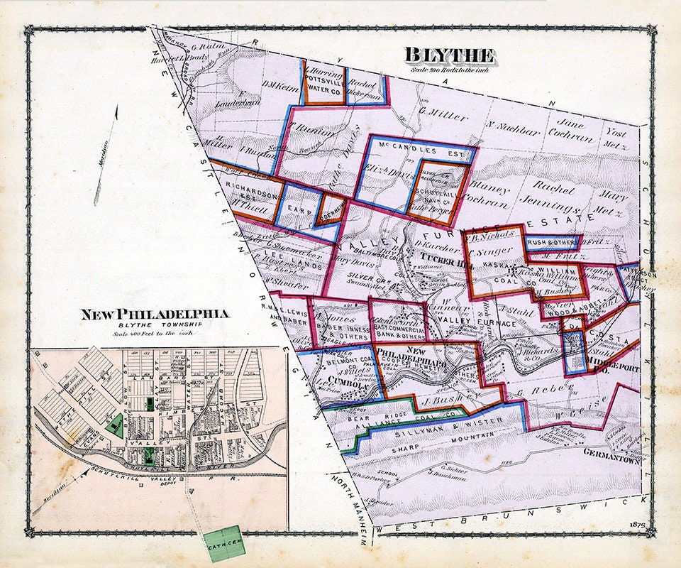1875 Map of Blythe Township Schuylkill County Pennsylvania New Philadelphia