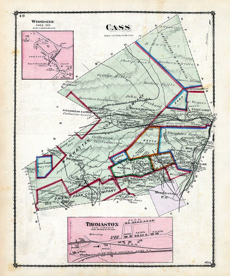 1875 Map of Cass Township Schuylkill County Pennsylvania Thomaston Woodside