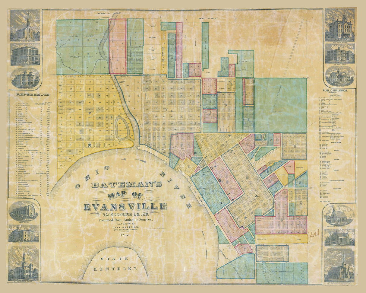 1860 Town Map of Evansville Indiana