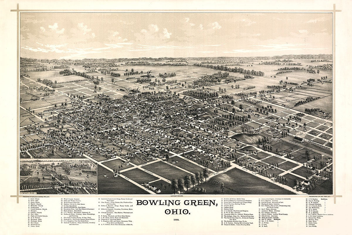 1888 Panoramic Map of Bowling Green Ohio