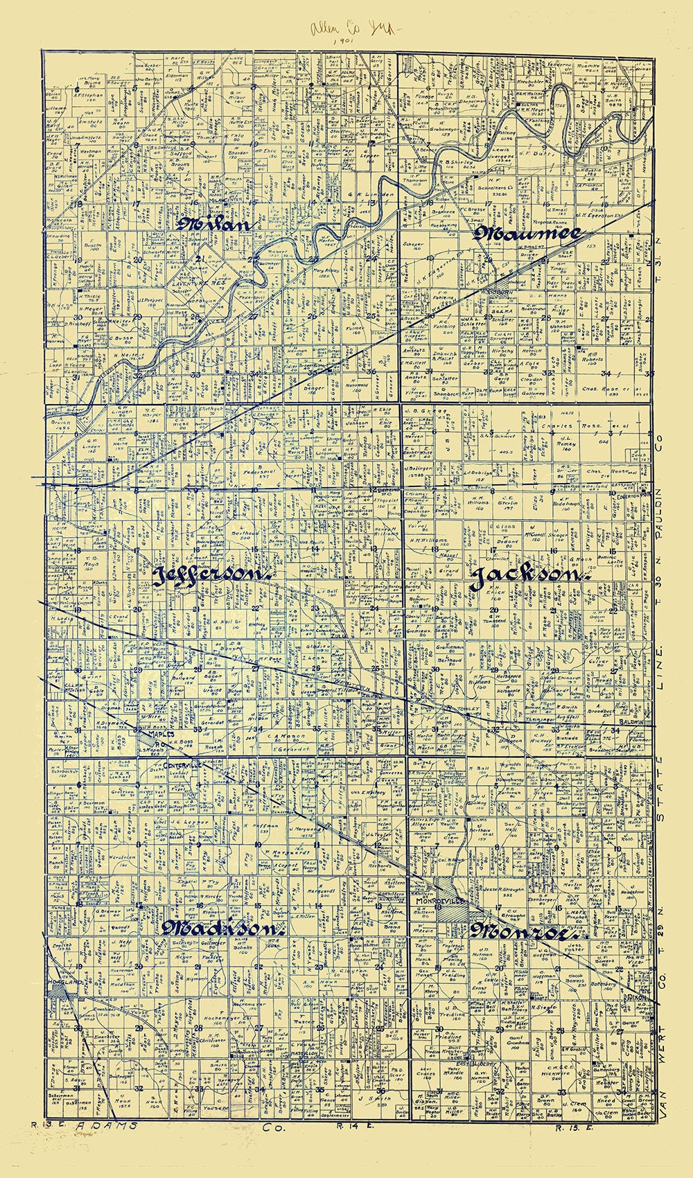 1901 Farm Line Map of Allen County Indiana
