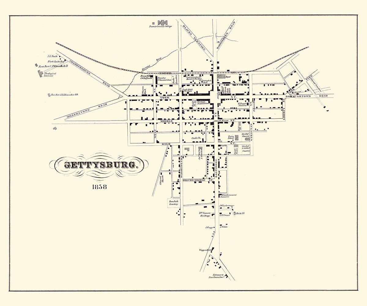 1858 Map of Gettysburg Adams County Pennsylvania