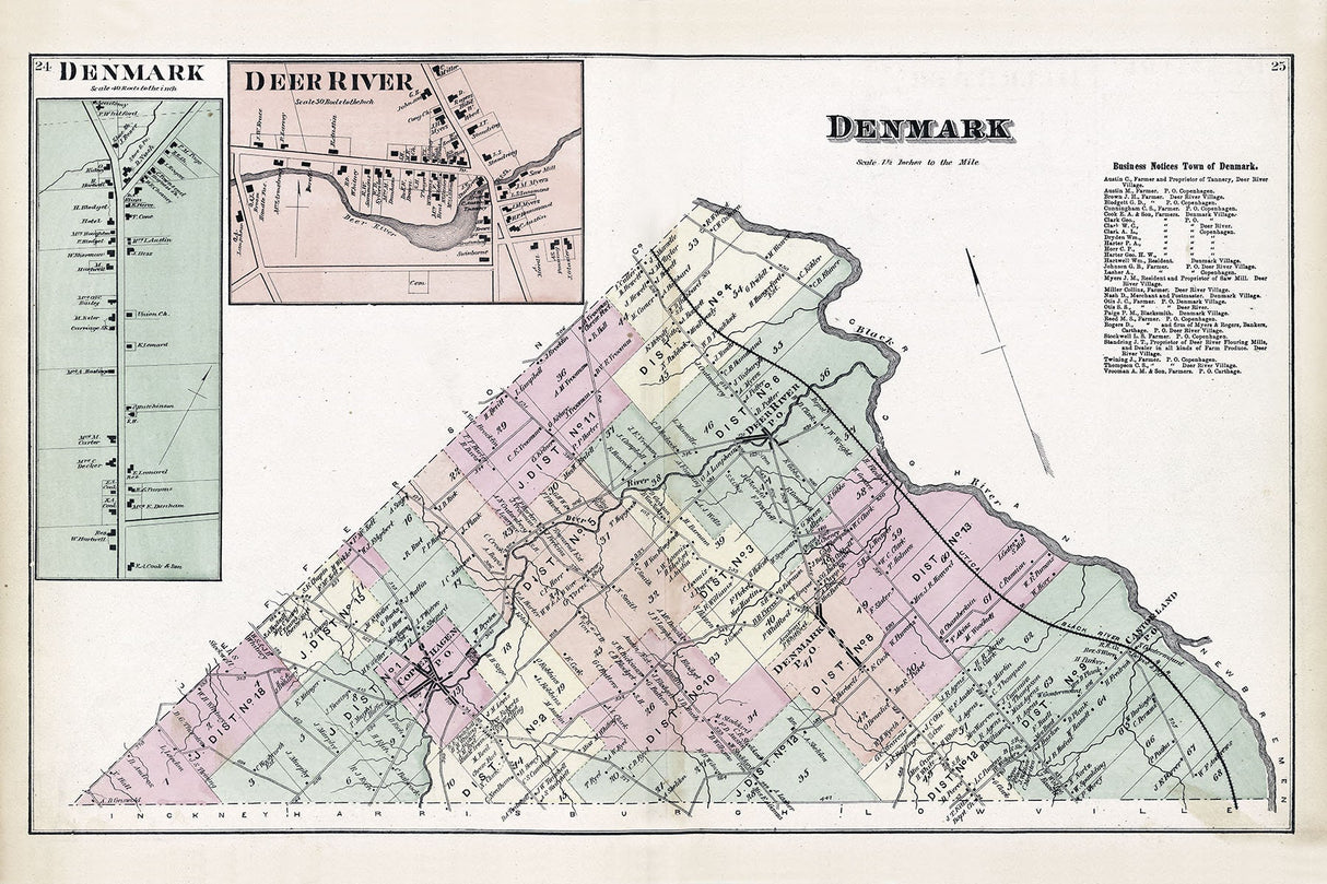 1875 Map of Denmark Township Lewis County New York