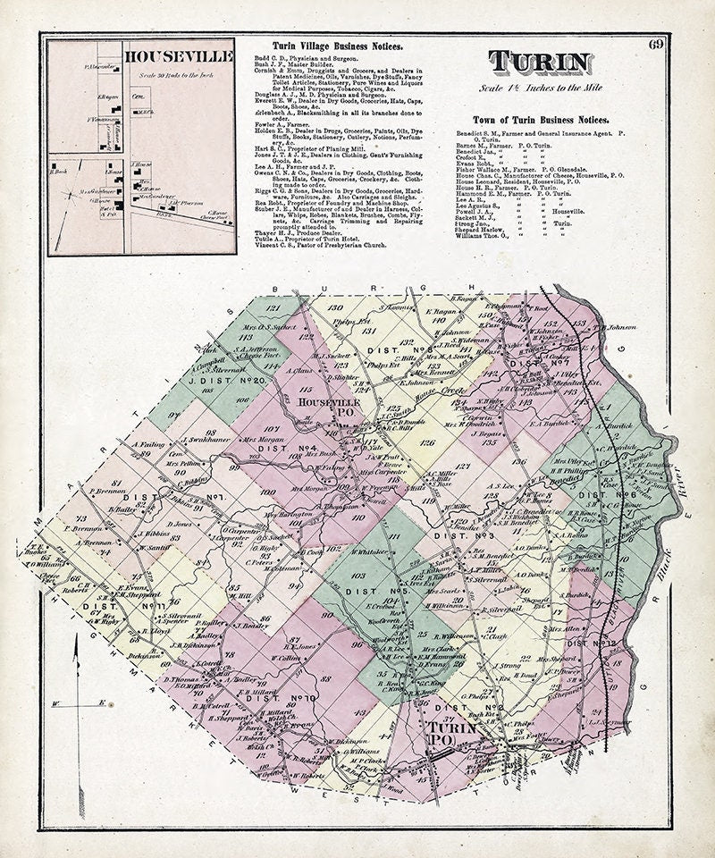 1875 Map of Turin Township Lewis County New York