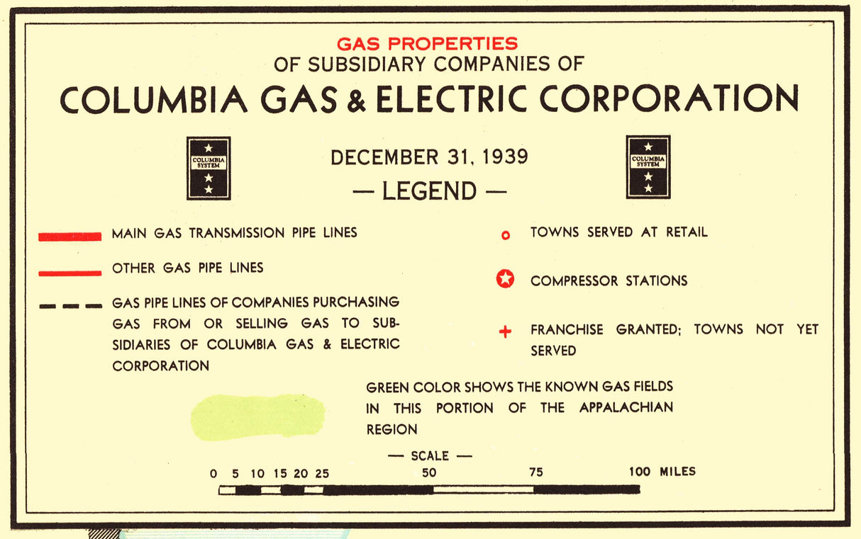 1939 Pipeline Map of Columbia Gas Corporation Pipelines & Compressor Stations PA OH WVA