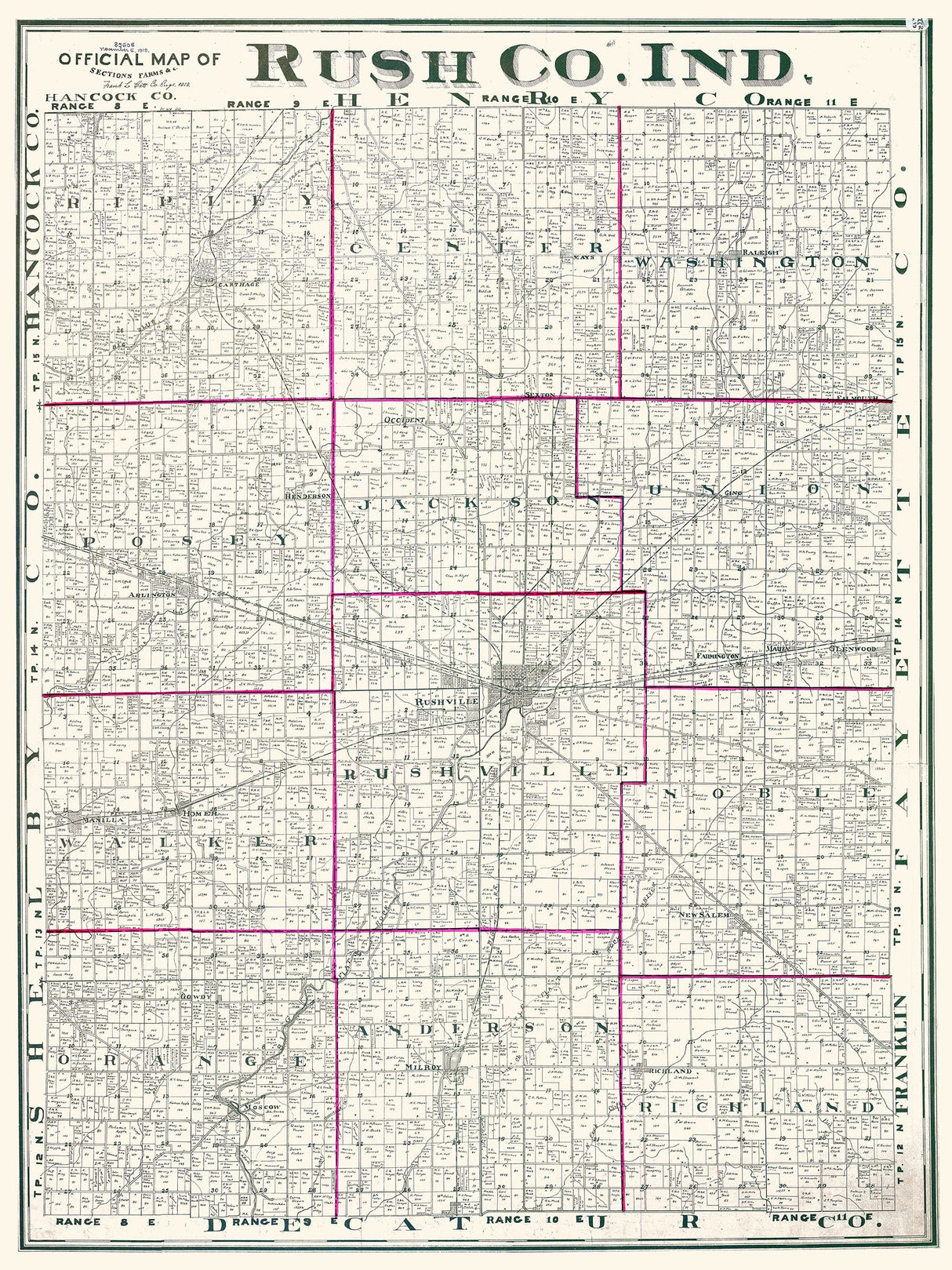 1919 Farm Line Map of Rush County Indiana