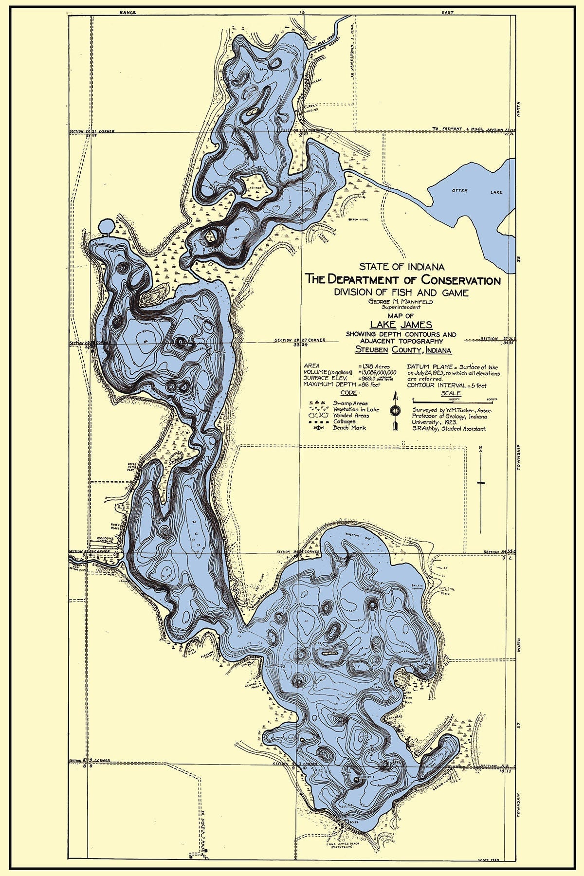 1923 Map of Lake James Steuben County Indiana