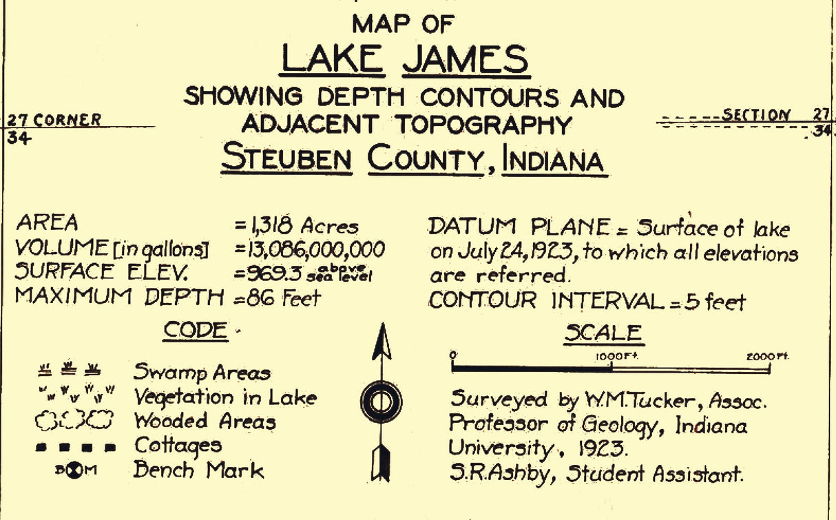 1923 Map of Lake James Steuben County Indiana