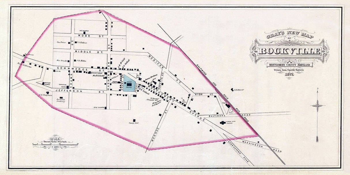 1877 Town Map of Rockville Montgomery County Maryland