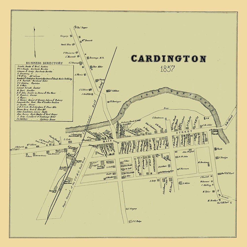 1857 Town Map of Cardington Morrow County Ohio