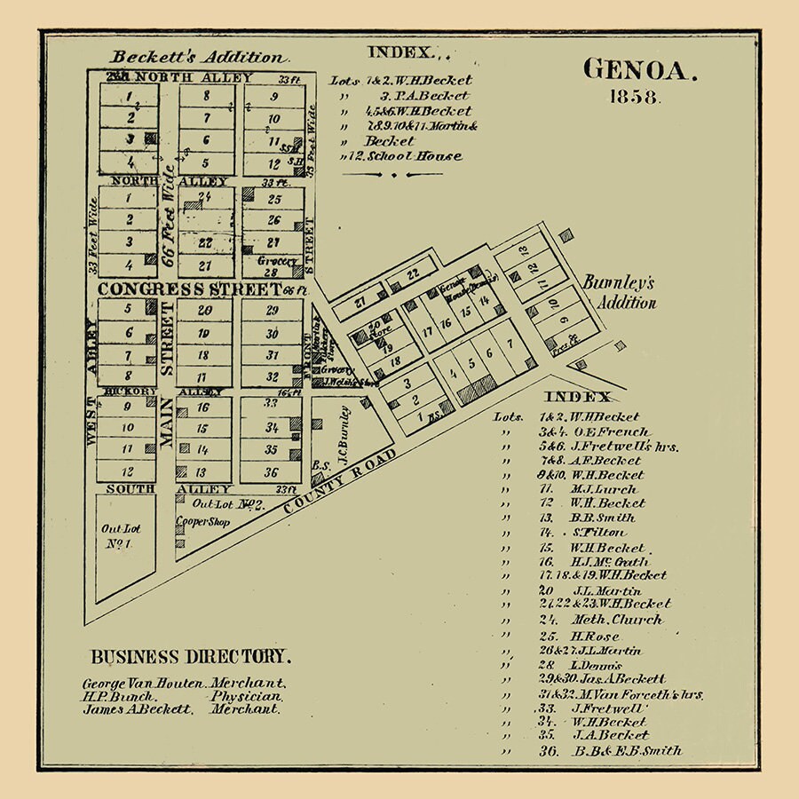 1858 Town Map of Genoa Pickaway County Ohio