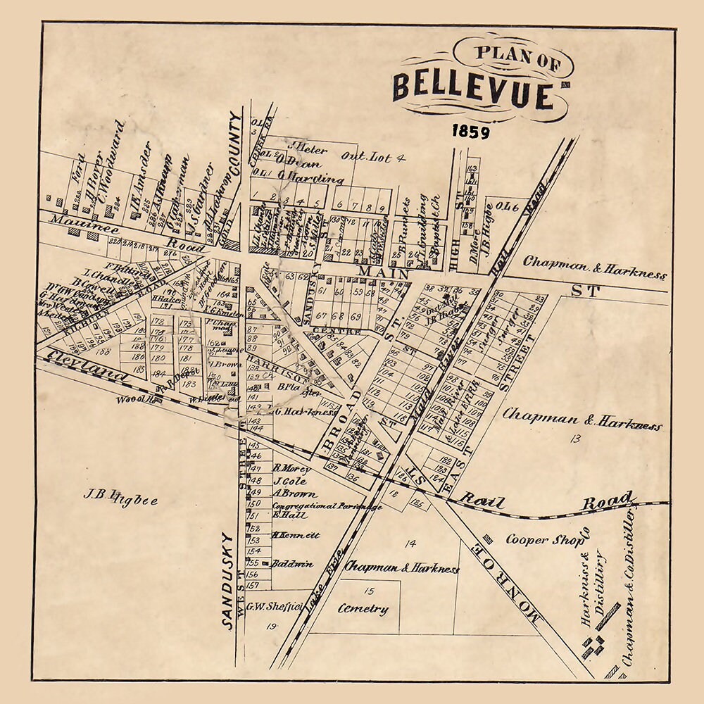 1859 Town Map of Bellevue Huron County Ohio