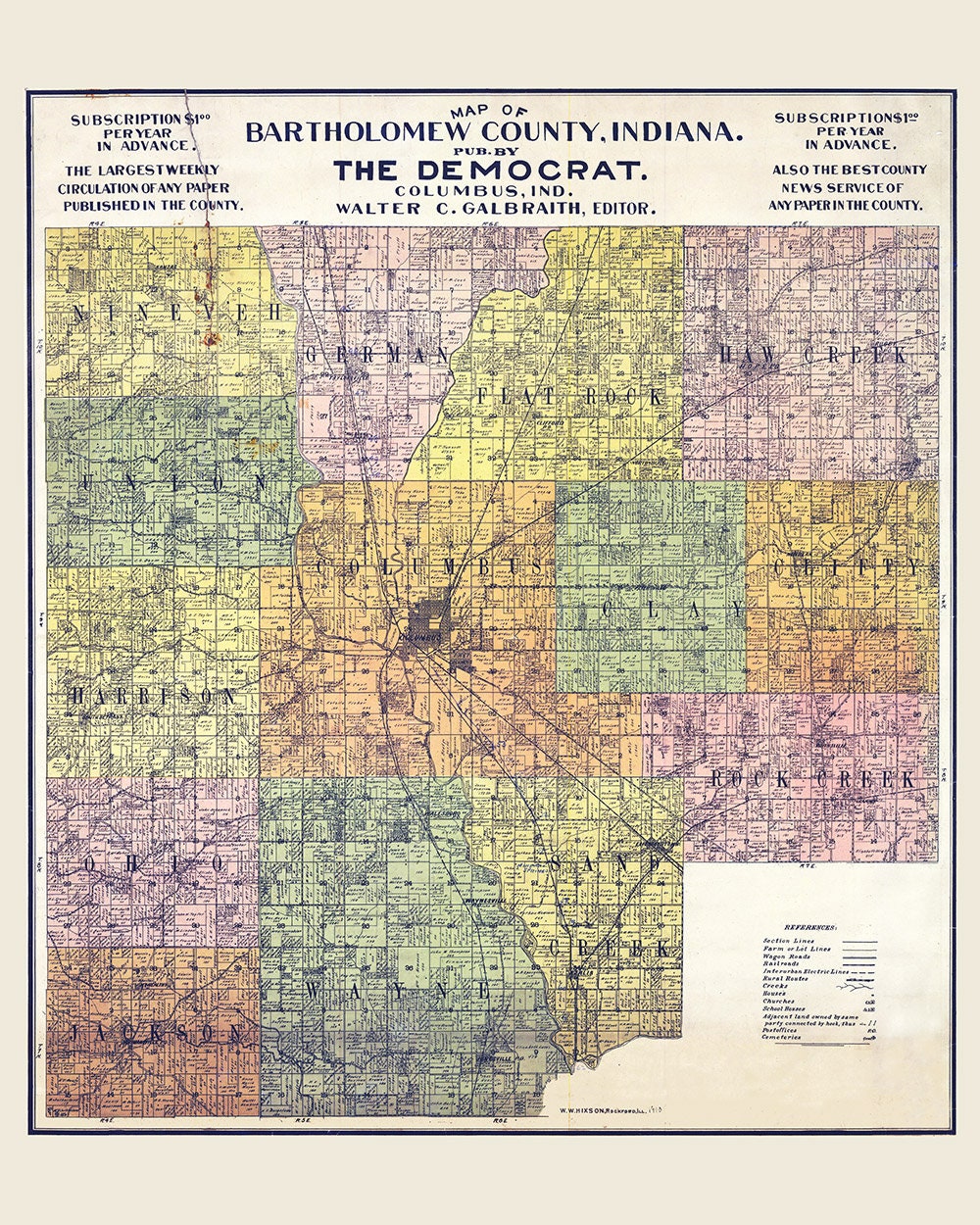1910 Farm Line Map of Bartholomew County Indiana