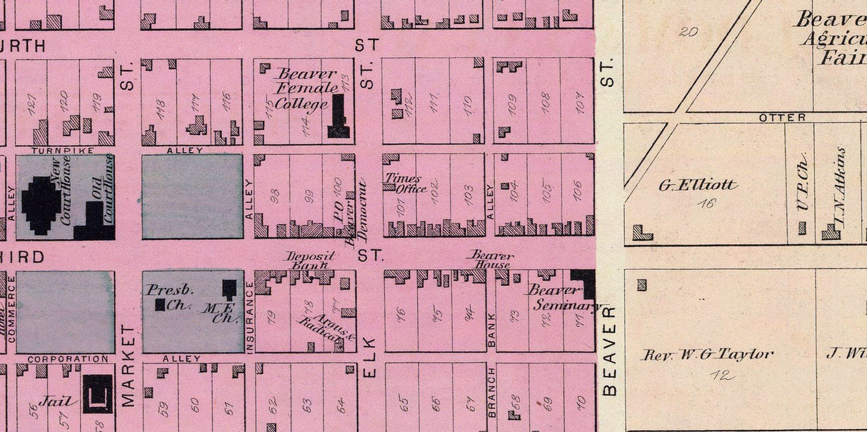 1877 Town Map of Beaver Borough Beaver County PA